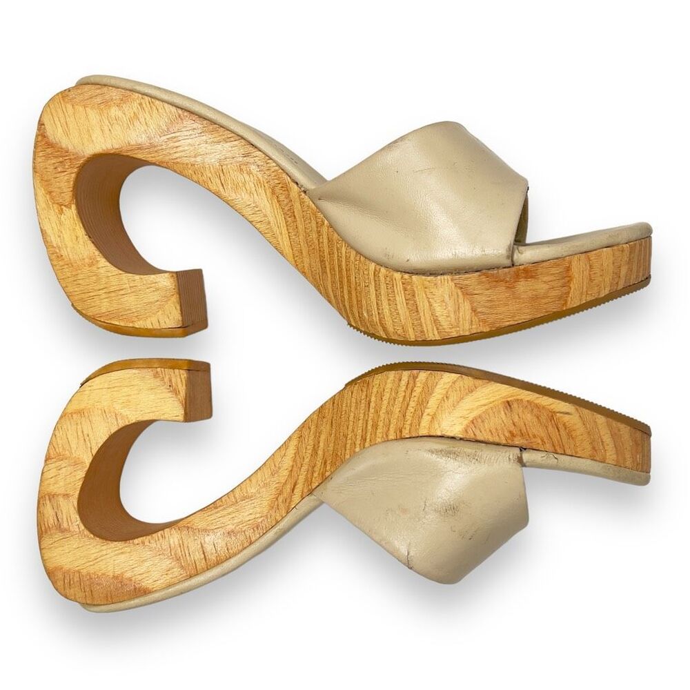 Anthropologie Jennifer Swii Cream Leather Platform Wooden Curved Heel Sandals 7 - Picture 5 of 11